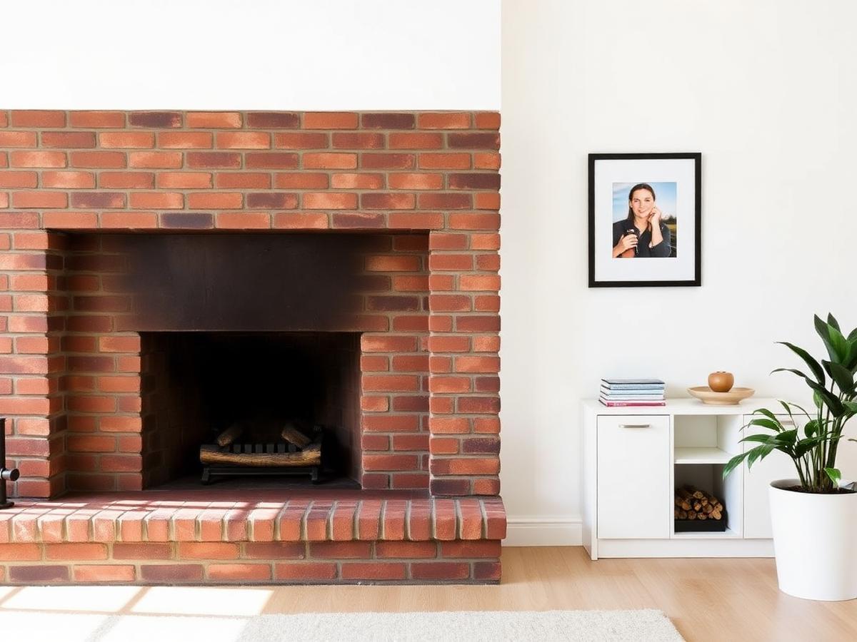 Bright living room with a clean brick fireplace after a professional chimney sweeping