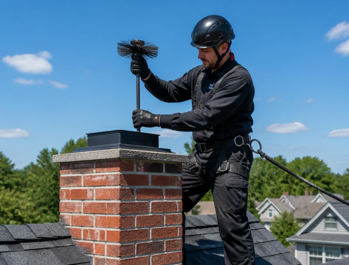 Uniformed chimney technician sweeping a brick chimney on a suburban roof in daylight